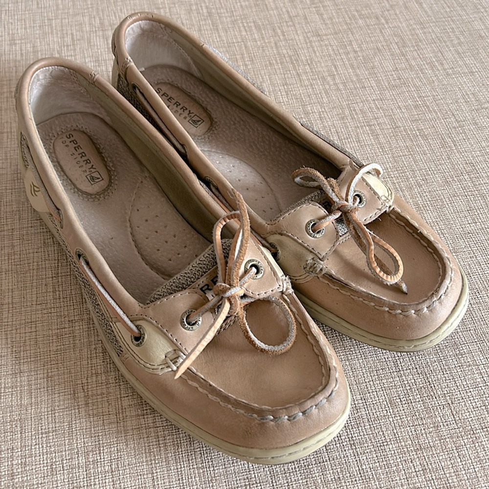 Sperry Topsiders. Tan / Caramel color with fabric sides. Size 7.5 Women's.